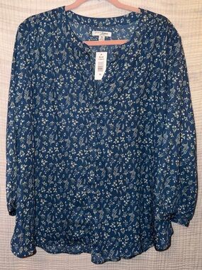 New with tags JACHS Girlfriend Navy Blue Floral Blouse coastal grandma SIZE XL-D